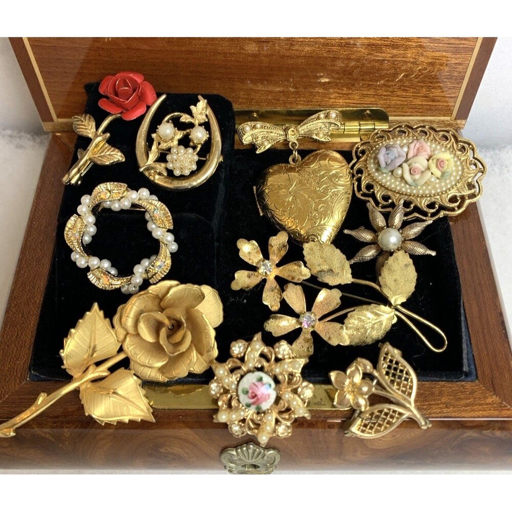 Vintage Cottagecore Gold Tone Brooch Lot Rose Faux Pearl Floral Locket Germany